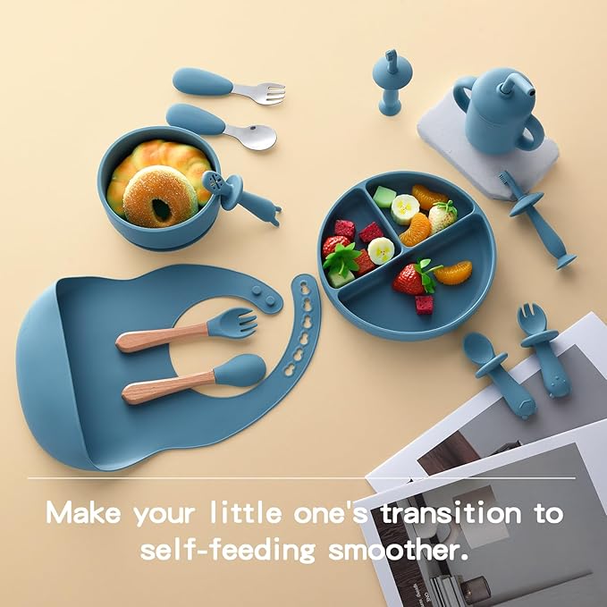 Silicone Baby Feeding Set,13PCS Baby Feeding Essentials with Suction Bowl and Plate,Spoons & Forks,Bib & Cup,Baby Toothbrush,Baby Led Weaning Supplies for 6+ Months,Baby Eating Essentials (Blue)