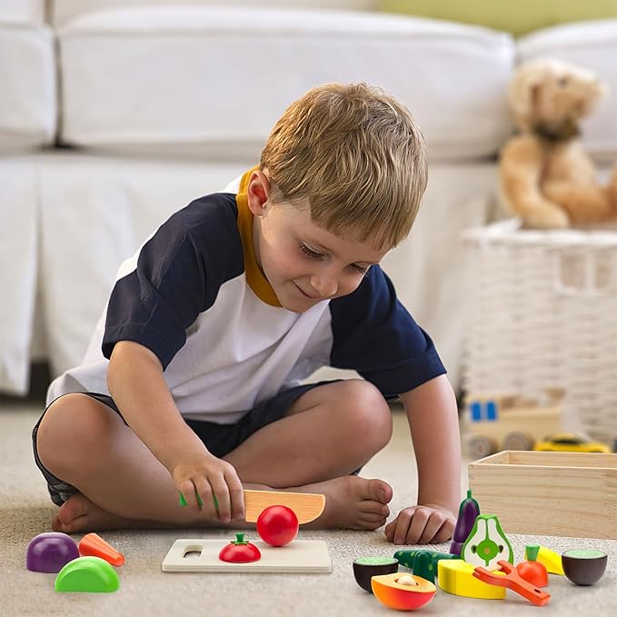 Wooden Play Food Sets for Kids Kitchen Fake Food Cutting Fruit and Vegetables Pretend Play Toddler Toys Food Montessori Toys for 3 4 5 6 7 Years Old Gifts for Boys and Girls