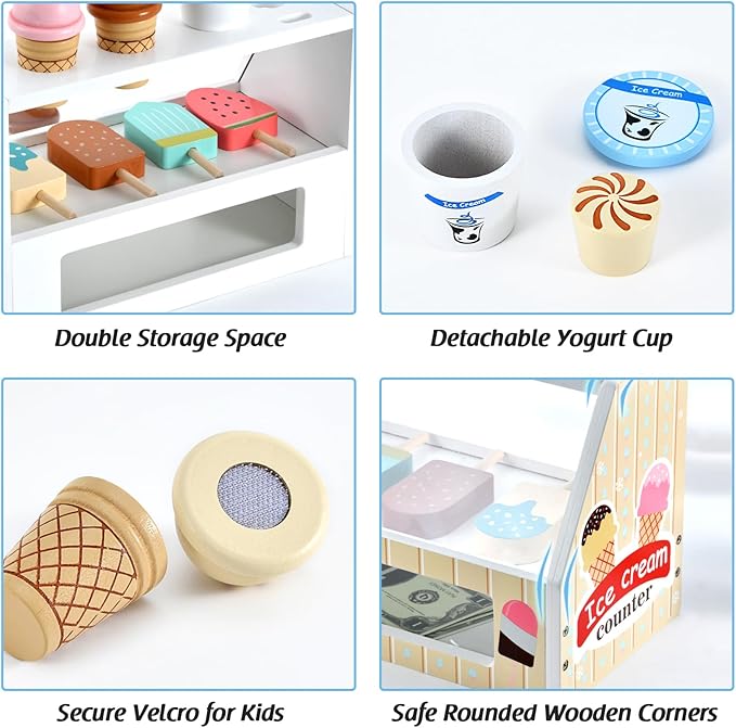 WHOHOLL Wooden Ice Cream Counter Playset for Toddler Girl Toys, Play Store Pretend Toy Food Play Kitchen Accessories with Fake Money & Coin, Gifts for 3-8 Year Old Kids