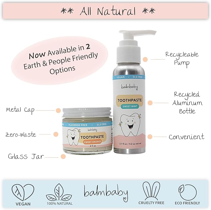 Kids All Natural Fluoride Free Toothpaste by Balm Baby Brand – SLS Free Toothpaste with Xylitol, Vegan, Gluten Free, BPA Free, Glass Jar Zero Waste Children’s Teeth Paste (2PK Orange)