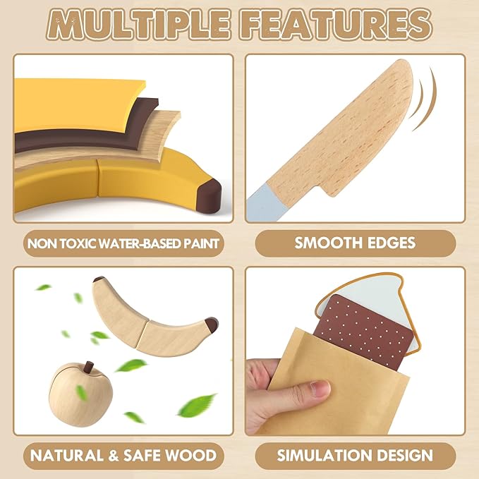 Lehoo Castle Play Food Sets for Kids Kitchen, Wooden Toys Food for Toddlers 1-3, Pretend Picnic Play Set, Cutting Food Toys, Gift for Girls Boys 3 4 5 6