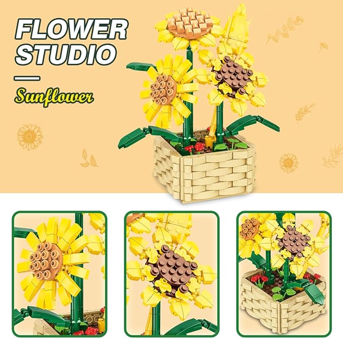 Sunflower Bouquet Building Block Set, 550 Pcs Mini Building Block Bouquet Building Block Set, Flower Building Toys, Creative Building Block Plant Series, Gift for Adults and Kids