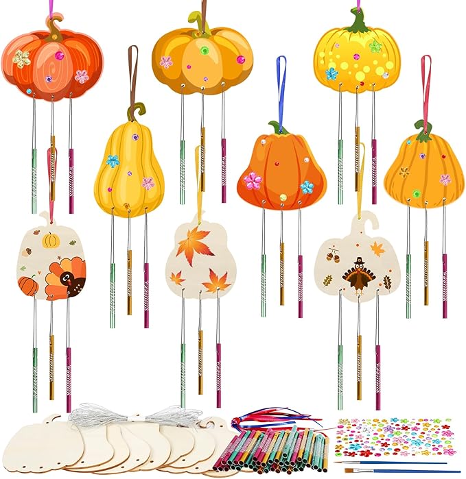 Fennoral 9 Pack Pumpkins Wind Chime Kit for Kids Make Your Pumpkin Wind Chimes Wooden Arts and Crafts for Kids DIY Coloring Pumpkin Craft for Party Supplies Fall Thanksgiving Decoartion