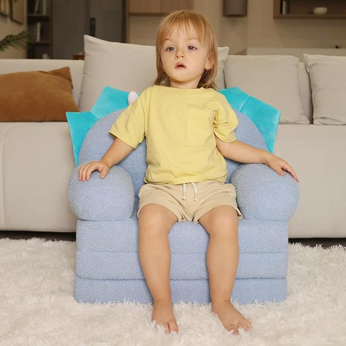 MOONBEEKI Comfy Toddler Chair, Kids Couch Fold Out to Lounger, Foldable Baby Sofa Plush for Girl and Boy Age 18 Months and Up （Blue Triceratops）