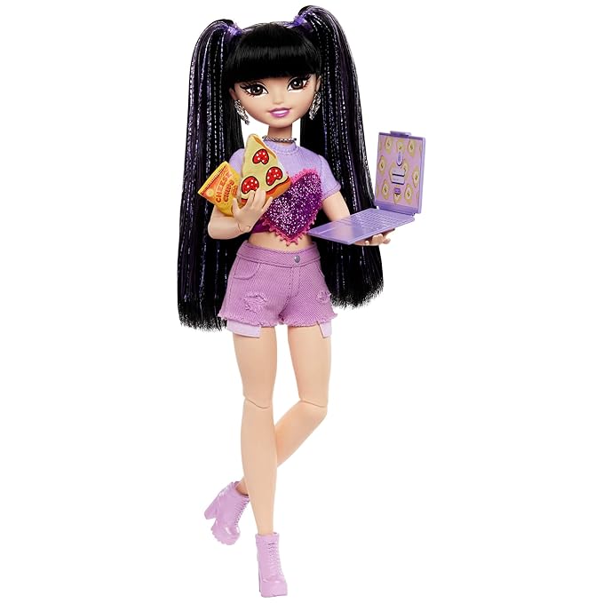 Barbie Dream Besties Doll & Accessories Playset, Renee with Long Black Hair, 11 Food & Video-Themed Pieces