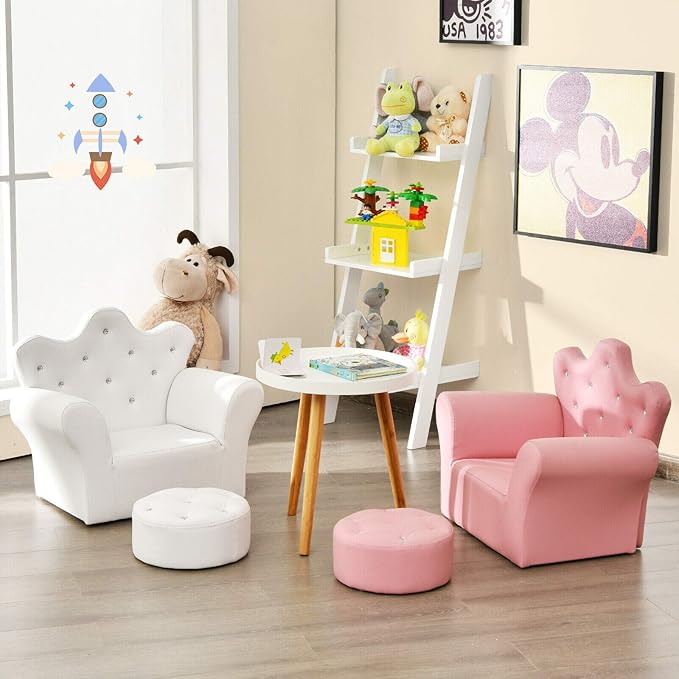 Costzon Kids Sofa, Children Upholstered Sofa with Ottoman, Princess Sofa with Diamond Decoration, Smooth PVC Leather Toddler Chair, Kids Couch for Boys and Girls, Gift for Toddlers (White)