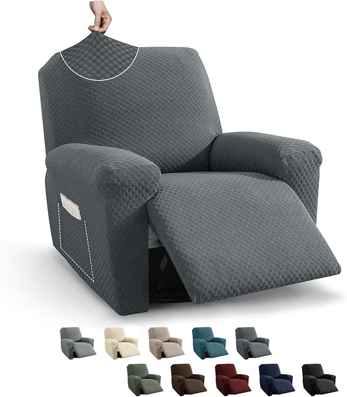 MAXIJIN Recliner Cover Slipcovers for Living Room 4 Pieces Stretch Jacquard Recliner Chair Cover Soft Fitted Recliner Protector with Elastic Bottom for Kids, Pets (Recliner, Dark Gray)