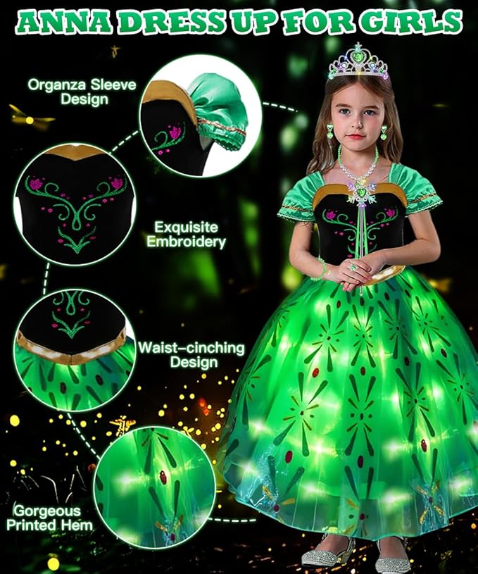 TOLOYE Princess Dresses for Girls, Light Up Elsa Anna Frozen Dress Up with Accessories for Birthday Halloween Carnival