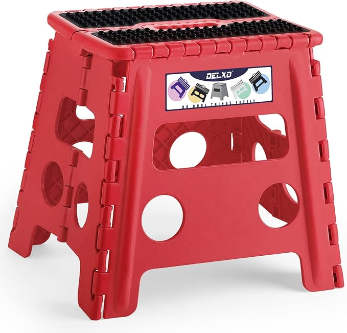 Delxo Folding Step Stool,Non-Slip Stool 13 inch Height Premium Heavy Duty Foldable Stool for Kids and Adults,Kitchen Garden Bathroom Stepping Stool 1 Pack in Red,Dotted Texture