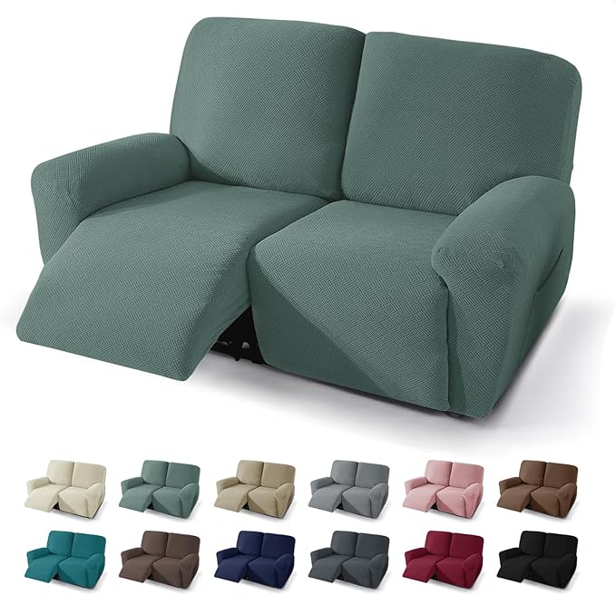 JIVINER 4 Pieces Recliner Loveseat Covers Stretch Recliner Sofa Slipcover with Elastic Bottom Jacquard Fitted Reclining Couch Cover Furniture Protector with Pockets (2 Seater, Pea Green)