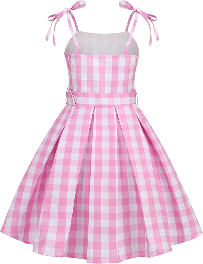 Girls Pink Plaid Costume Strap - Kid Dress Movie Cosplay Outfits Halloween Gingham Birthday Costumes