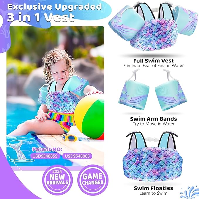 Vvinca Separable Toddler Swim Vest Fit 22-66 Lbs（1-6 Years）|2025 Newest 3 in 1 Pool Float & Arm Bands Boys and Girls, Adjustable Sturdy Safety for Infant 1 2 3 4 5 6 Year