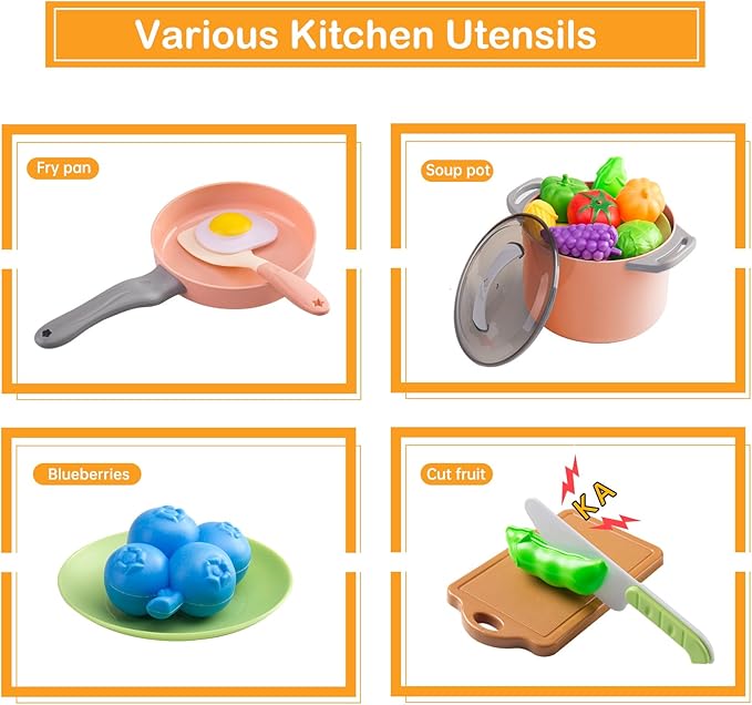 35Pcs Kids Kitchen Toy Accessories, Toddler Pretend Cooking Playset with Play Pots and Pans, Utensils Cookware Toys, Play Food Set, Toy Vegetables, Learning Gift for Girls Boys (Pink)