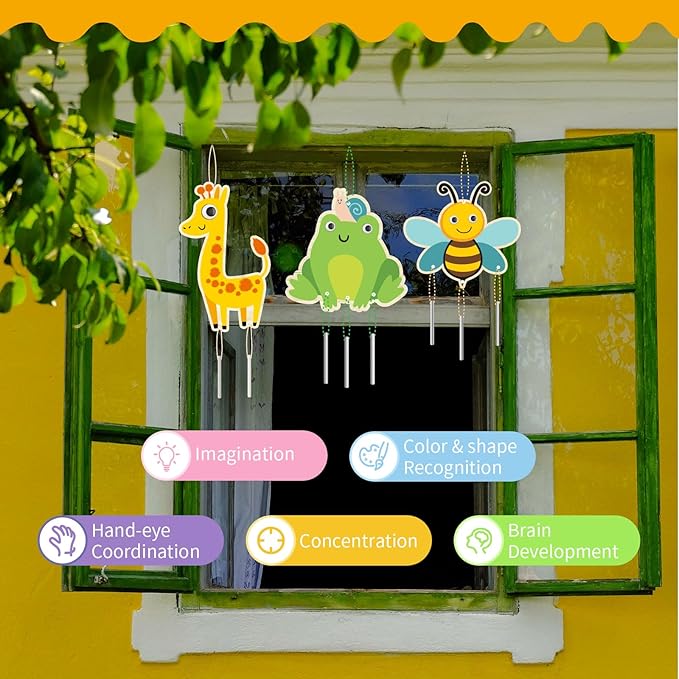 DIY Wind Chime Kit for Kids - Make Your Own Coloring Wooden Crafts for Girls & Boys - Hanging Ornaments for Easter Party Decoration