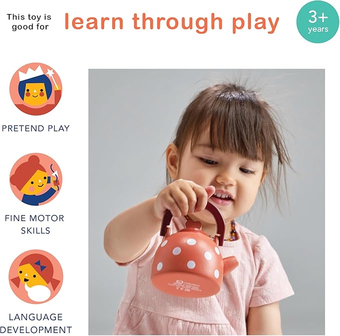 Mentari Toys - Dotty Kettle - Polka Dot Wooden Pretend Play Kitchen Accessory with Removeable Lid - Imaginative Teatime Fun for Toddlers - Encourage Role Play and Develop Social Skills - Age 3+