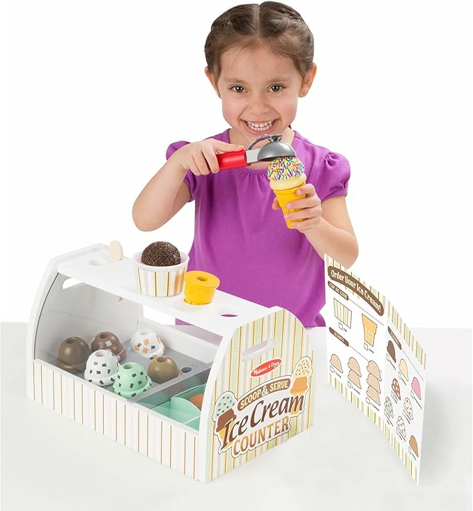 Melissa & Doug Wooden Scoop and Serve Ice Cream Counter (28 pcs) - Play Food and Accessories - Pretend Food Toys, Ice Cream Shop Toys For Kids Ages 3+