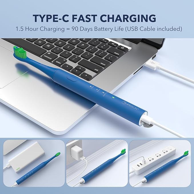 ARISSON [2024 Newer Version] Sonic Electric Toothbrush for Adults, 1.5H Charge for 90 Days, 40,000 VPM Power Toothbrush, 2 Min Timer, [Faster Charging, Stronger Cleaning, Smarter Brushing] Matte Blue