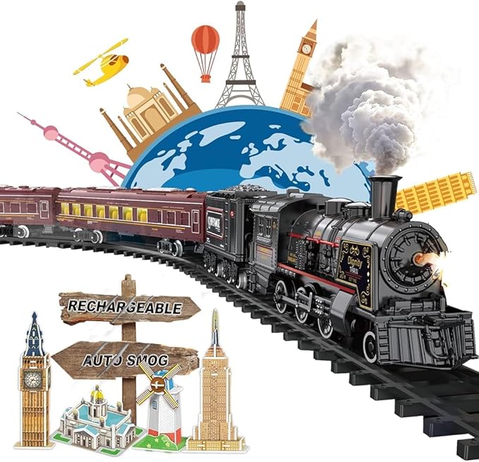 Electric Train Sets for Boys Girls Metal Alloy Christmas Trains Toys Steam Locomotive, Passenger Carriages, Tracks, Light & Sounds Rechargeable Birthday Gifts for Kids 3 4 5 6 7 8 + Years Old Red …