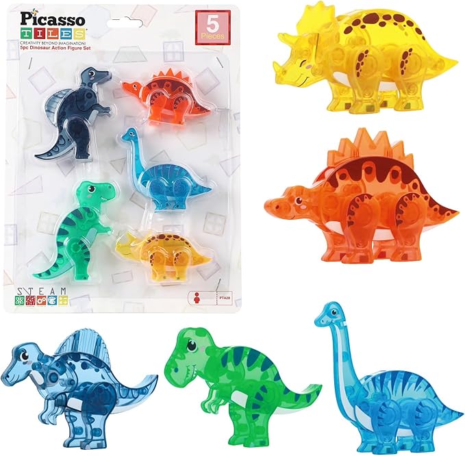 PicassoTiles Magnet Tile Dinosaur Action Figure Playset Mix or Match Compatible Prehistoric Parts STEM Magnetic Tiles for Creative Building Imaginative Educational Pretend Play Toddlers Ages 3+ PTA28
