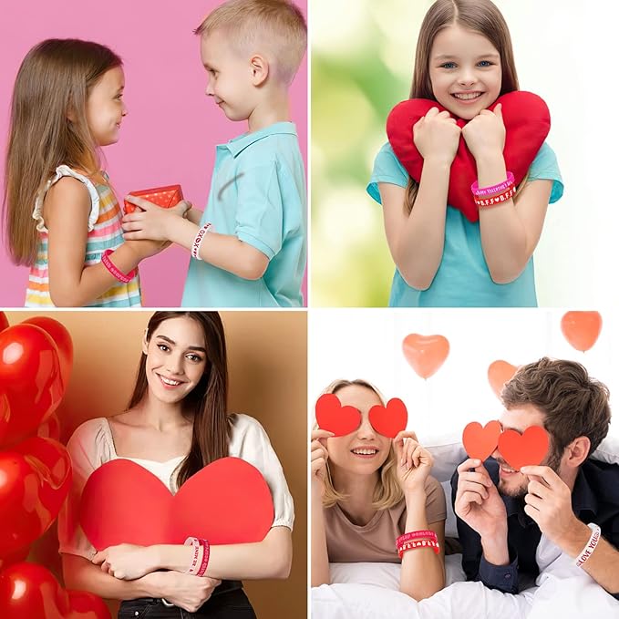 JUNEBRUSHS 24pcs Valentine's Day Party Favors Silicone Bracelets Red Pink Love Heart Wristbands for Kids Adults Valentine's Day Party Decorations Gift (6 Designs)