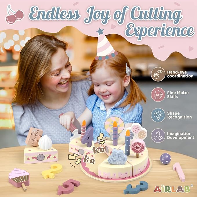 Wooden Birthday Party Cake Play Food Sets for Kids Kitchen Accessories Pretend Toy Fake Toddlers Party Gift Boys Girls Educational Toys