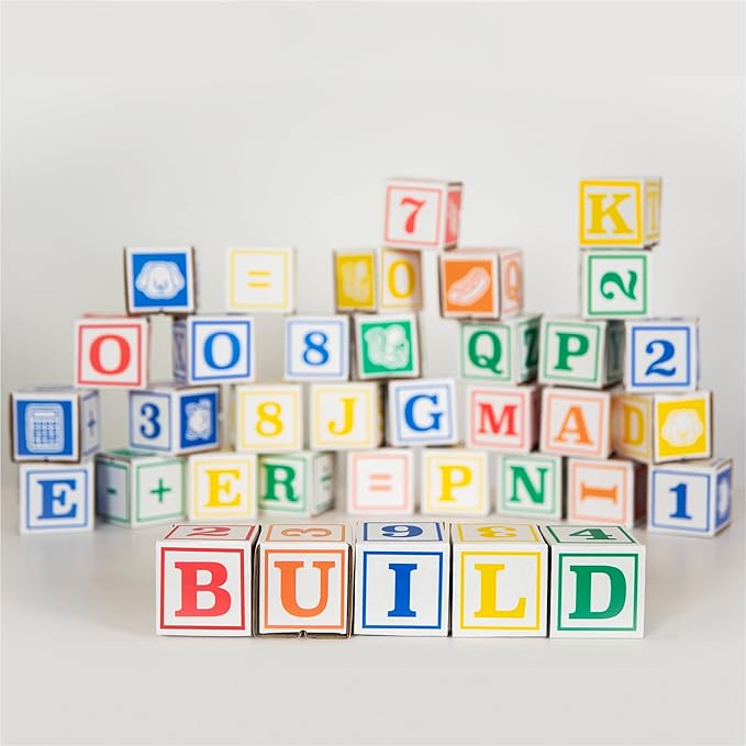Bankers Box at Play Cardboard ABC/123 Building Learning Blocks, 50 Pack, Larger 3"x 3" Montessori Toy Blocks for Kids and Families