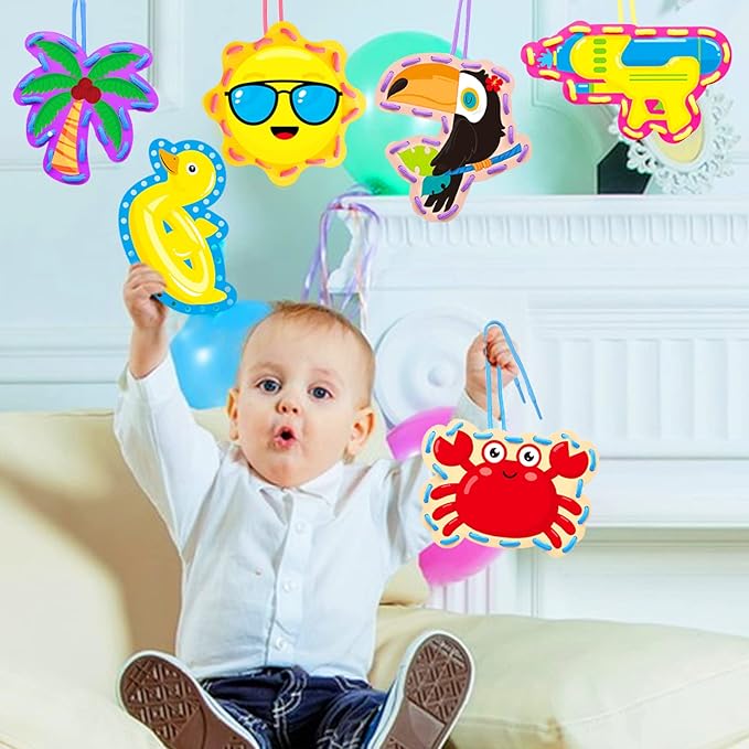 Summer Lacing Cards Sewing Cards 12 Pack Beach Theme Pool Party Decoration Double Sided Cardboard Lacing Playing Games for Kids Toddler Preschool Home Developing Imagination Education Supplies