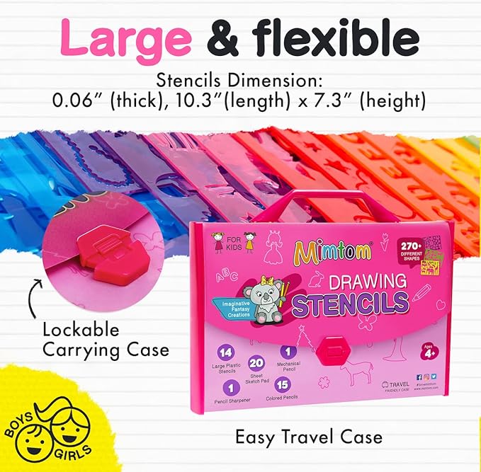 Mimtom Drawing Stencil Kit for Kids, 51 PC Art Set with 270+ Shapes, Sketch Pad, and Colored Pencils for Child's DIY Arts and Crafts, Draw with Princess, Fairies and Animal Stencils, Pink