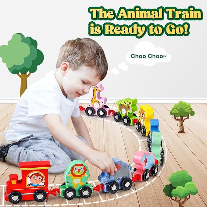 Toddler Toys for 2-3 Year Old Boy, Wooden Animal Train Set, Montessori Toys for 2 3 Year Old Boy Christmas Birthday Gifts, Learning Toys for Toddlers 2-4 Years Girl Toys Age 2 3