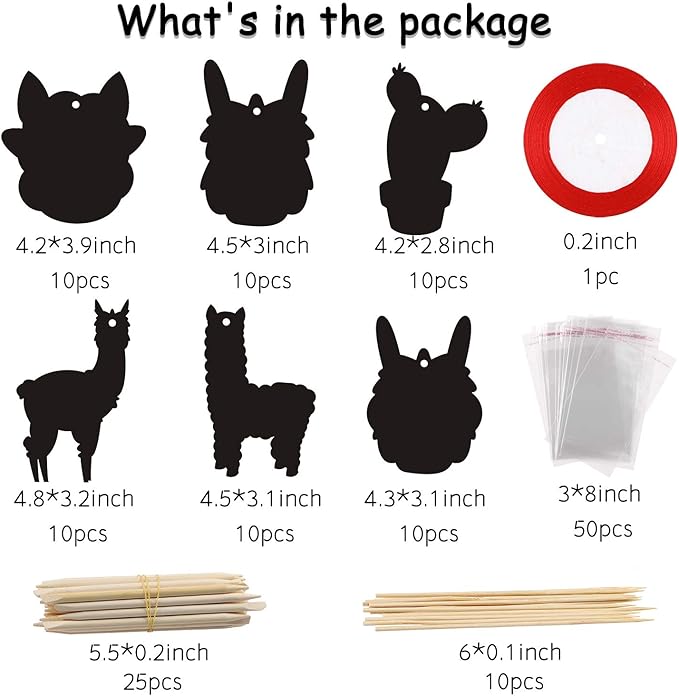 WATINC 60 pcs Alpaca Scratch Cards Art Set for Kids Adults, DIY Color Card Art Craft Kit, Llama Carnival Party Favor,Llama Themed Fun Game, 6 Styles with Ribbon Wood Stylus