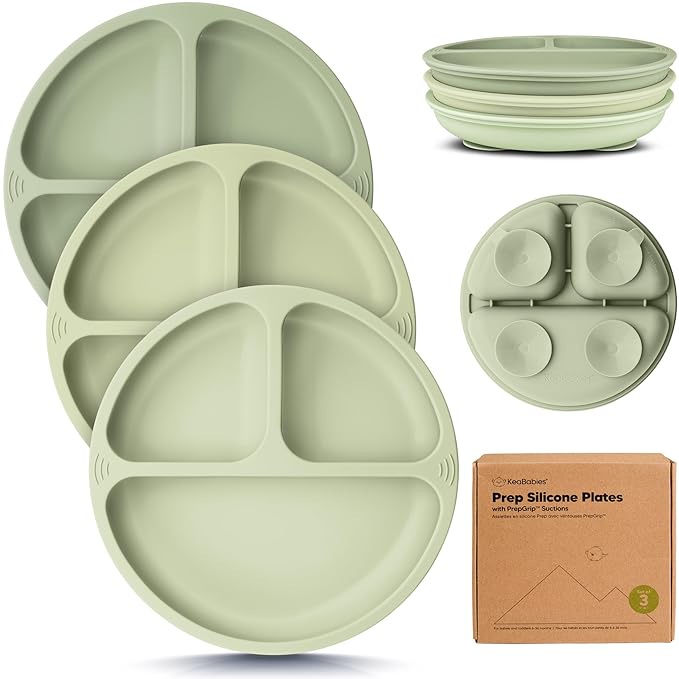 KeaBabies Suction Plates for Baby, Toddler - 3-Pack 100% Silicone Toddler Plates, Divided Baby Plates with Suction, Silicone Plates for Baby, Kids, BPA-Free, Microwave, Dishwasher Safe (Sage)