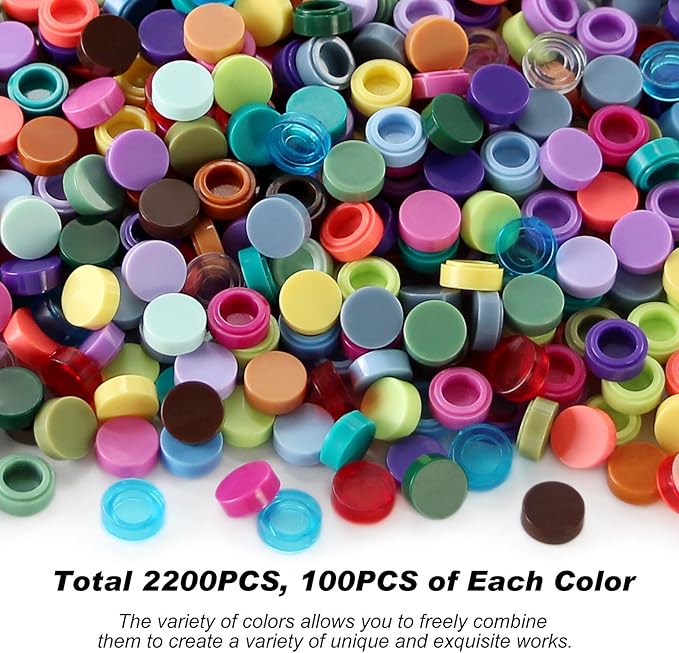 Feleph Custom 1×1 Flat Tiles 2200PCS Round Bricks MOC Parts and Pieces, 22 Colors Bulk Studs Building Accessories for Smooth Surface, Mosaics and Pixel Art Toy Dots Compatible with Major Brands 98138