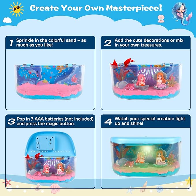 Mermaid Terrarium Light Up Kit for Kids - Birthday Gift for Girls 4-5-6-7-8-11 Year Old, DIY Mermaid Craft Toy with LED Night Light & Remote - Creative Arts and Crafts Gift for Girls Ages 4-12