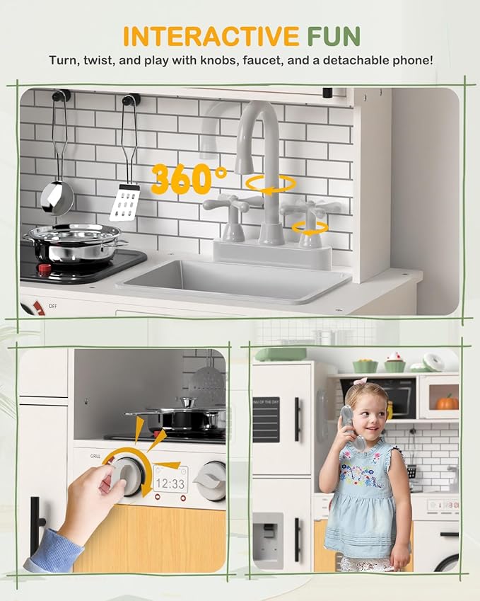Babytronic Wooden Kitchen Playset for Kids, Interactive Play Kitchen with Lights & Sounds, Children Pretend Toy Kitchen Set with Faucet, Oven, Microwave, Kitchenware for Toddlers Ages 3+ (White)