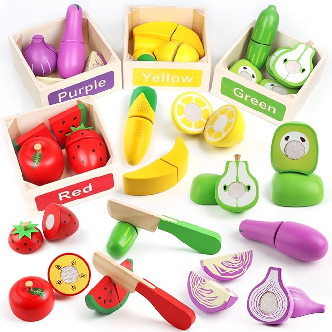 30 Pcs Wooden Play Food Sets for Kids Kitchen Accessories, Velcro Fruit and Veggies for Toddlers, Velcro Fruit Cutting Toys for Kids, Color Sorting Play Food Set, Play Food for Toddlers 1-3