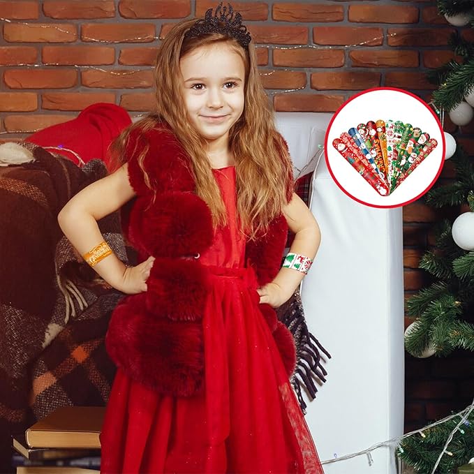 48 Pieces Christmas Slap Bracelets Bulk Party Favors for Kids - 12 Designs Festive Snap Bands, Holiday Goodie Bag Xmas Stocking Fillers, Classroom Prizes Accessories, Wrist Decorations Gifts Supplies