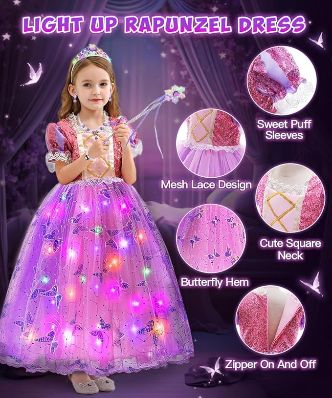 TOLOYE Princess Dress Up for Girls, Princess Costume for Girls Light Up with Accessories for Halloween Carnival Cospaly