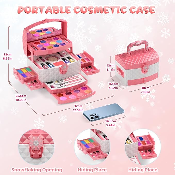 PERRYHOME Kids Makeup Set for Girl 56 Pcs Washable Real Cosmetic, Non-Toxic Frozen Toys Toddler Makeup Kit, Frozen Princess Dress up Kit Christmas & Birthday Girl Gift for 3-12 (Frozen Pink)
