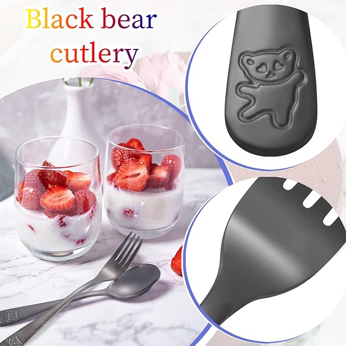 Pimoys 6 Pieces Kids Silverware Stainless Steel Toddler and Child Utensils, Childrens Safe Forks and Spoons Metal Cutlery Set, Engraved Bear, Black