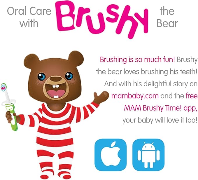 MAM Baby Toothbrushes (2 Baby's Brushes and 1 Safety Shield), Toothbrushes with Brushy The Bear Character, Interactive App, for Girls 6+ Months, Pink