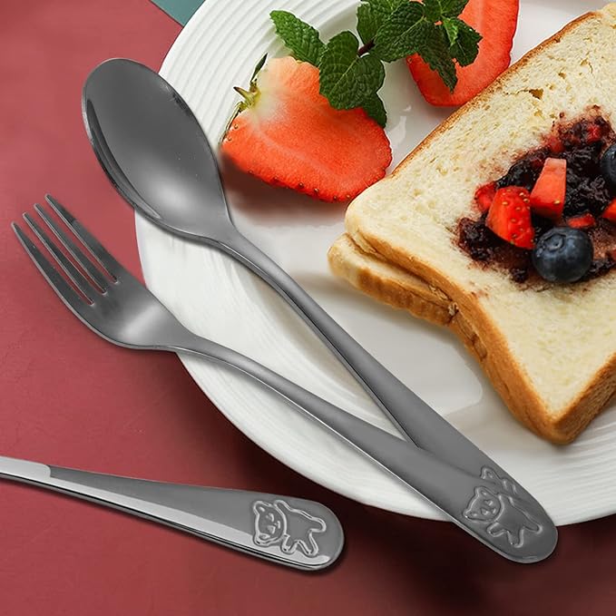 Pimoys 6 Pieces Kids Silverware Stainless Steel Toddler and Child Utensils, Childrens Safe Forks and Spoons Metal Cutlery Set, Engraved Bear, Black