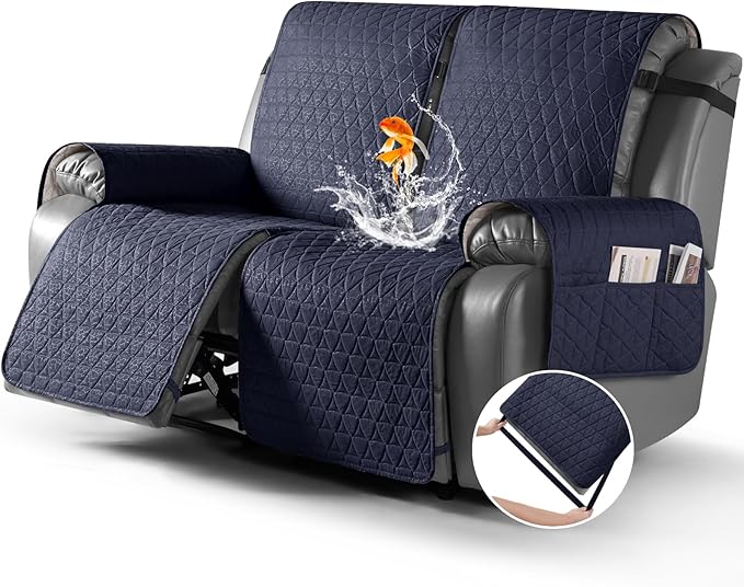 TAOCOCO 100% Waterproof Loveseat Recliner Cover-Recliner Cover with Non-Slip Granule, Recliner Chair Covers with Elastic Band,Washable Recliner Chair/Protector for Pets(Dark Blue, 2 Seater)
