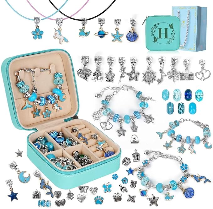Charm Bracelet Making Kit, Kid Jewelry Making Kit for Girls 8-12, Unicorn Craft Kits for Teen Girls Toys Ages 3-10 Years Old Girl Gifts Trendy Stuff Birthday Christmas Gift with Initial Jewelry Box-H