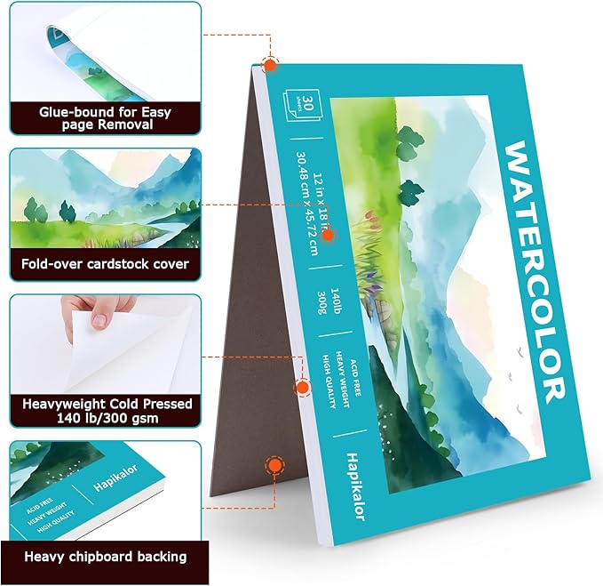 Hapikalor 12"x18" Large Watercolor Paper Pad, 1-Pack 30 Sheets 140lb/300gsm Artist Large Sketchbook Drawing Paper Book, Art Supplies for Adults Kids, Watercolors, Watercolor Paint Set, Sketchbook,Teal