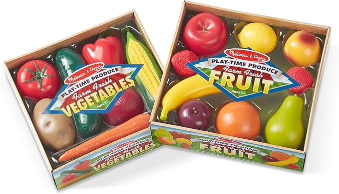 Melissa & Doug Play-Time Produce Fruit (9 pcs) and Vegetables (7 pcs) Realistic Play Food,Orange
