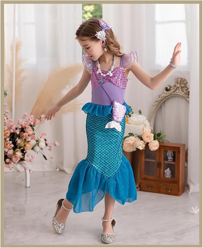 Little Girls Princess Mermaid Costume for Girls Dress Up with Accessory for Christmas Birthday Party Supplies Purple-Blue
