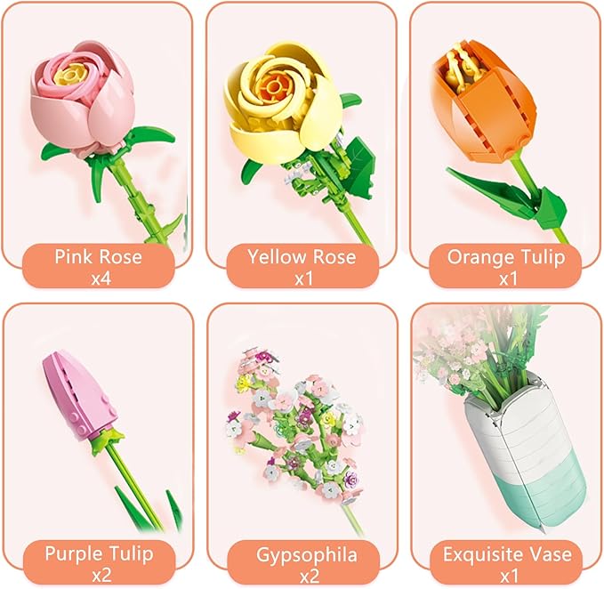 Flowers Bouquet Building Set - Christmas, Mother's Day, Valentine's, or Birthday Gift Ideal for Adult, Women, Girls and Boys, Compatible with Lego Flower, Tulips Toy Building Block with Vase(1011 PCS)