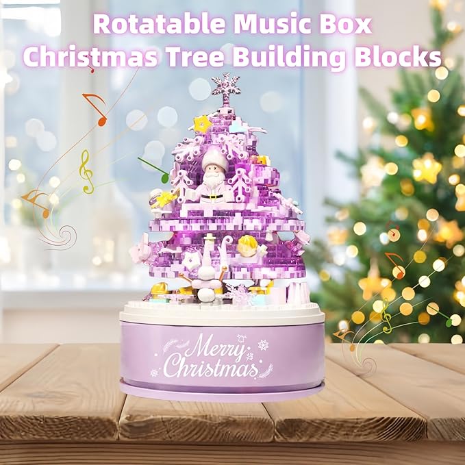 Christmas Tree Building Blocks Set for Kids - 2024 Rotating Christmas Tree Music Box with Glass Cover Xmas Holiday Construction Toy Gift for Boys and Girls (706PCS)