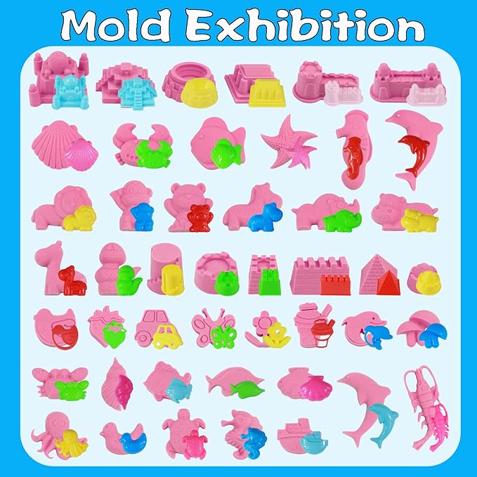 Play Sand Kit, 54Pcs Sandbox Toys Set for Boys Girls, 3lbs Magic Pink Sand, Mold Tools, Inflatable Tray, Storage Box, Funny Birthday Christmas Gift
