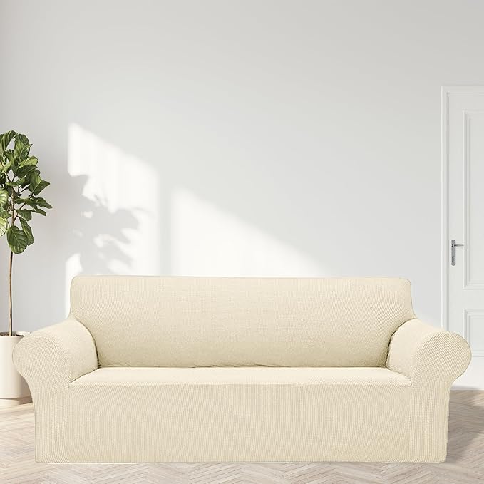 2025 New Stretch Sofa Slipcovers Couch Cover for 3 Cushion Furniture Protector Sofa Covers with Elastic Bottom Jacquard Fabric Small Checks for Pets, Kids -Sofa, Beige